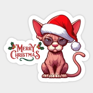 Christmas sphynx cat drawing. Funny Santa Claus cat. Sticker